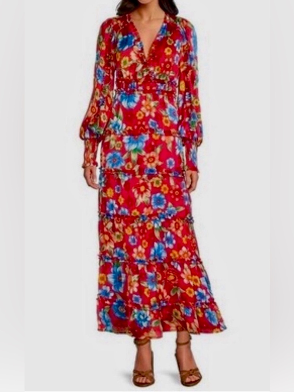Chelsea & Violet Margaux Plisse Red Tiered Maxi Dress Side Zipper Side - Picture 15 of 15